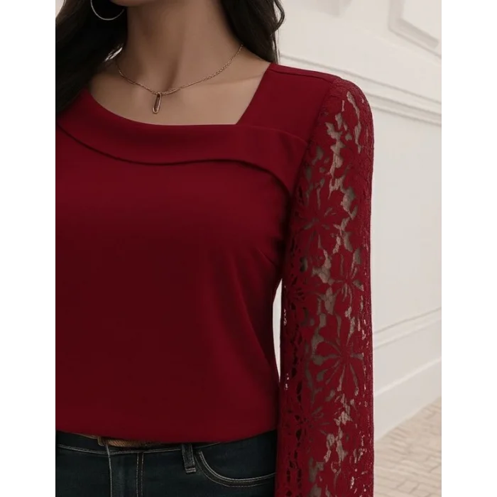 Kadın Uzun Kollu Asimetrik Yakalı Dantelli Ithal Krep Bluz