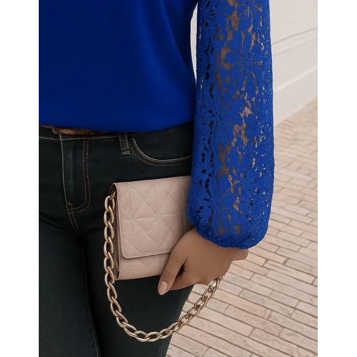 Kadın Uzun Kollu Asimetrik Yakalı Dantelli Ithal Krep Bluz