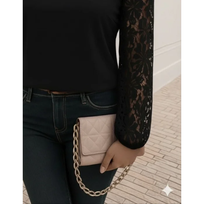 Kadın Uzun Kollu Asimetrik Yakalı Dantelli Ithal Krep Bluz