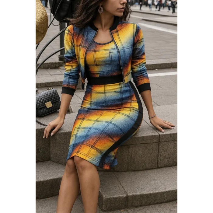 Kadın Uzun Kollu Askılı Yuvarlak Yaka Desenli Dalgıç Bluz Ceket Ve Etek üçlü Takım