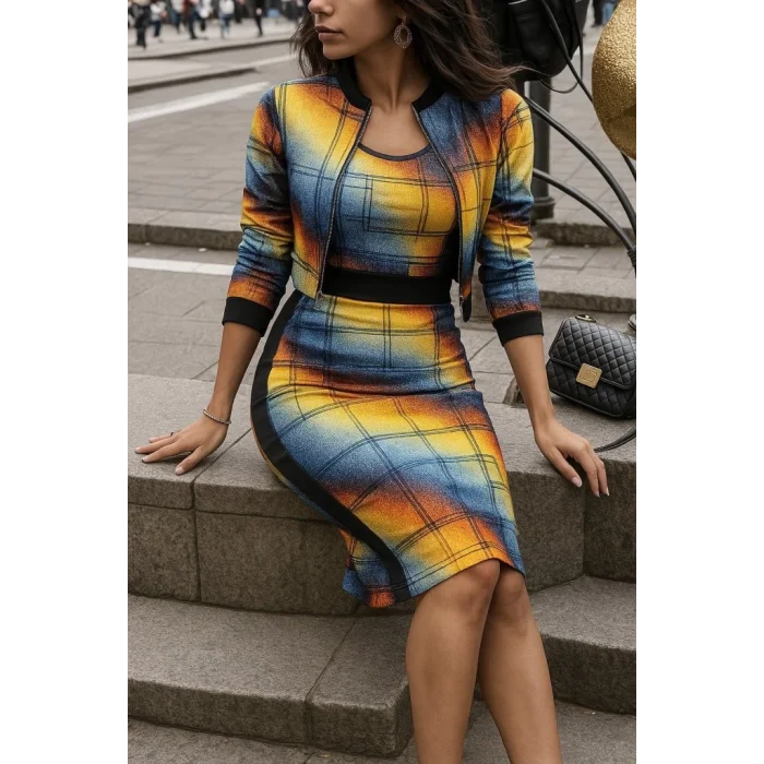 Kadın Uzun Kollu Askılı Yuvarlak Yaka Desenli Dalgıç Bluz Ceket Ve Etek üçlü Takım