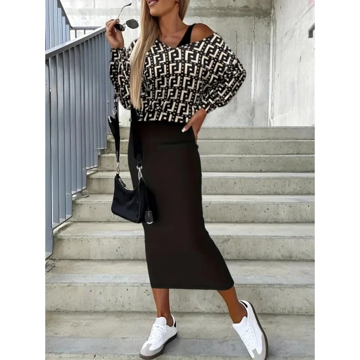 Kadın Uzun Kollu Askılı Yuvarlak Yakalı Yırtmaçlı Dalgıç Elbise Ile Yakalı Yunan Desenli Bluz Ikili Takım