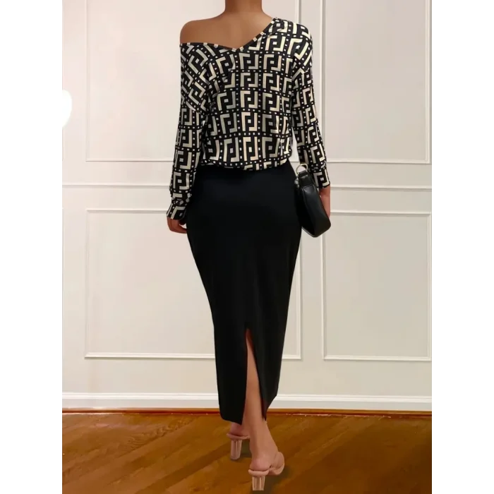 Kadın Uzun Kollu Askılı Yuvarlak Yakalı Yırtmaçlı Dalgıç Elbise Ile Yakalı Yunan Desenli Bluz Ikili Takım