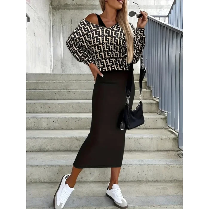 Kadın Uzun Kollu Askılı Yuvarlak Yakalı Yırtmaçlı Dalgıç Elbise Ile Yakalı Yunan Desenli Bluz Ikili Takım