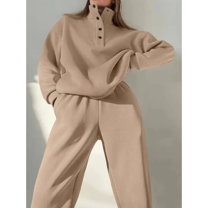 Kadın Uzun Kollu Balıkçı Dik Yakalı Düğmeli üç Iplik Bluz Ve Pantolon Ikili Takım