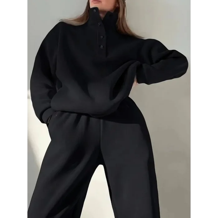 Kadın Uzun Kollu Balıkçı Dik Yakalı Düğmeli üç Iplik Bluz Ve Pantolon Ikili Takım