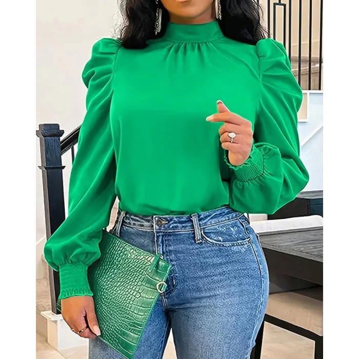 Kadın Uzun Kollu Balıkçı Yaka Arkadan Bağlamalı Omuzlardan Balon Ithal Krep Bluz