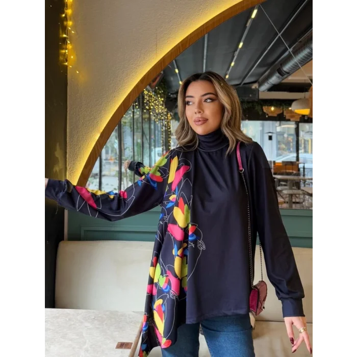 Kadın Uzun Kollu Balıkçı Yaka Asimetrik Kesim Dalgıç Kumaş Bluz