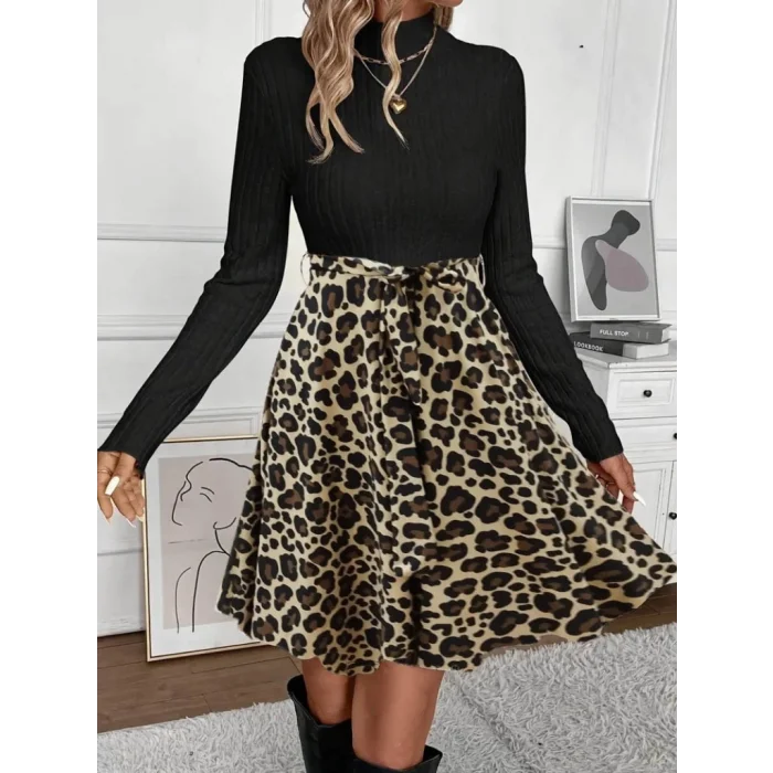 Kadın Uzun Kollu Balıkçı Yaka Belden Bağlamalı üst Kaşkorse Eteği Dalgıç Elbise