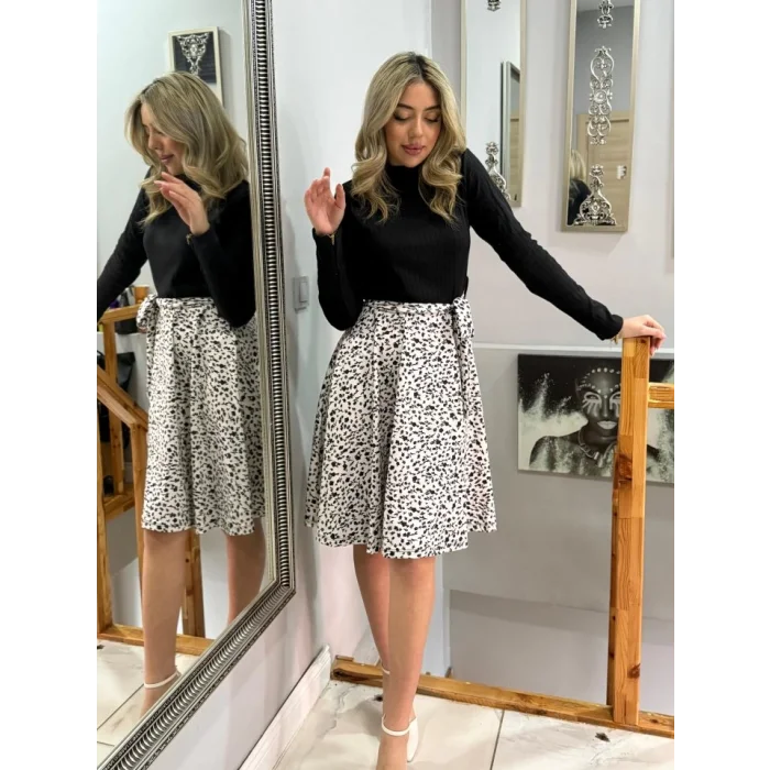 Kadın Uzun Kollu Balıkçı Yaka Belden Bağlamalı üst Kaşkorse Eteği Dalgıç Kısa Elbise