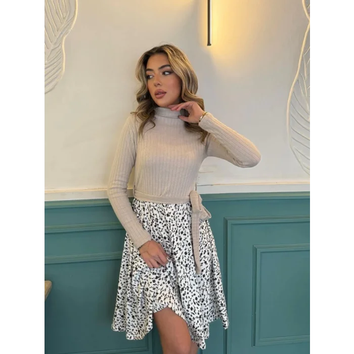 Kadın Uzun Kollu Balıkçı Yaka Belden Bağlamalı üst Kaşkorse Eteği Dalgıç Kısa Elbise