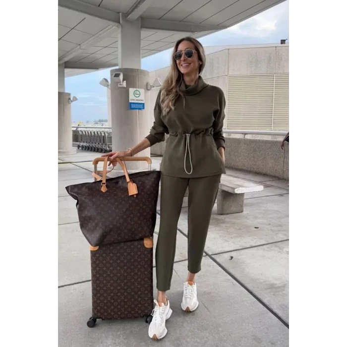 Kadın Uzun Kollu Balıkçı Yaka Belden Lastikli Modal Bluz Ve Pantolon Ikili Takım