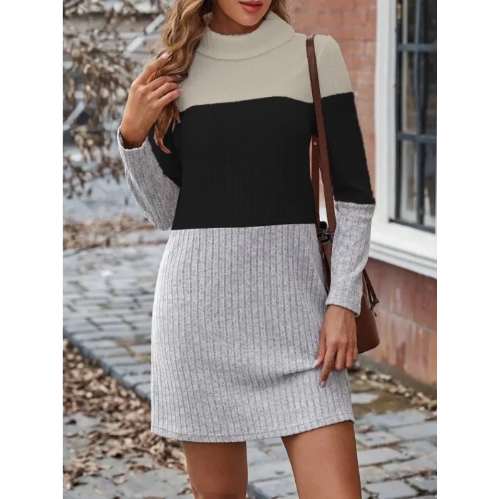 Kadın Uzun Kollu Balıkçı Yaka çizgili çok Renkli Mini şardonlu Kaşkorsel Elbise