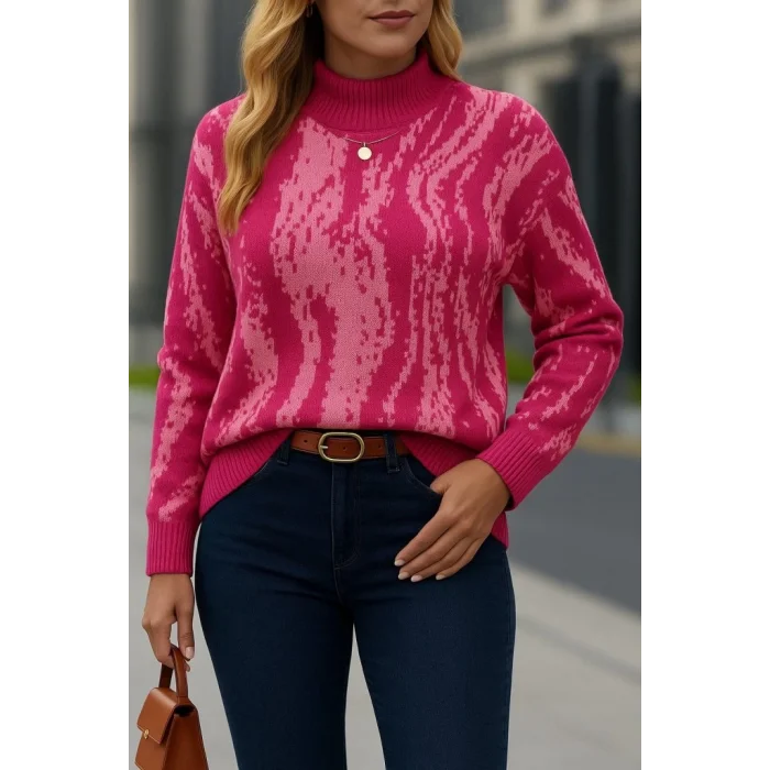 Kadın Uzun Kollu Balıkçı Yaka çok Renkli Triko Bluz