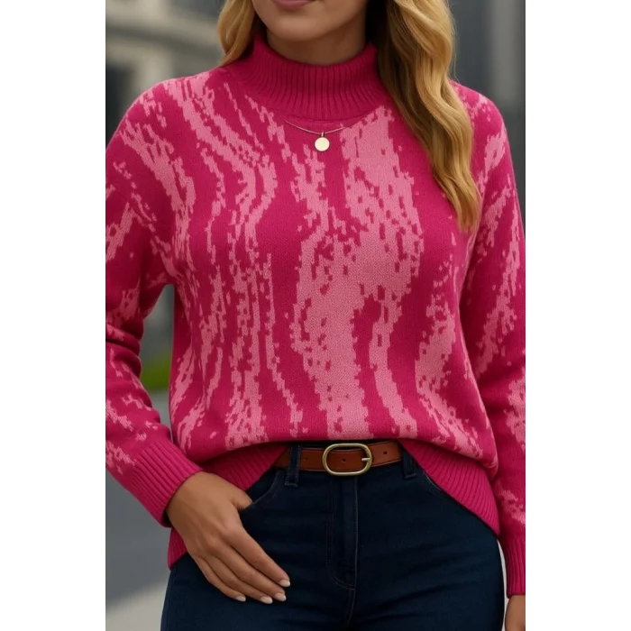 Kadın Uzun Kollu Balıkçı Yaka çok Renkli Triko Bluz