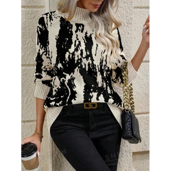 Kadın Uzun Kollu Balıkçı Yaka çok Renkli Triko Bluz