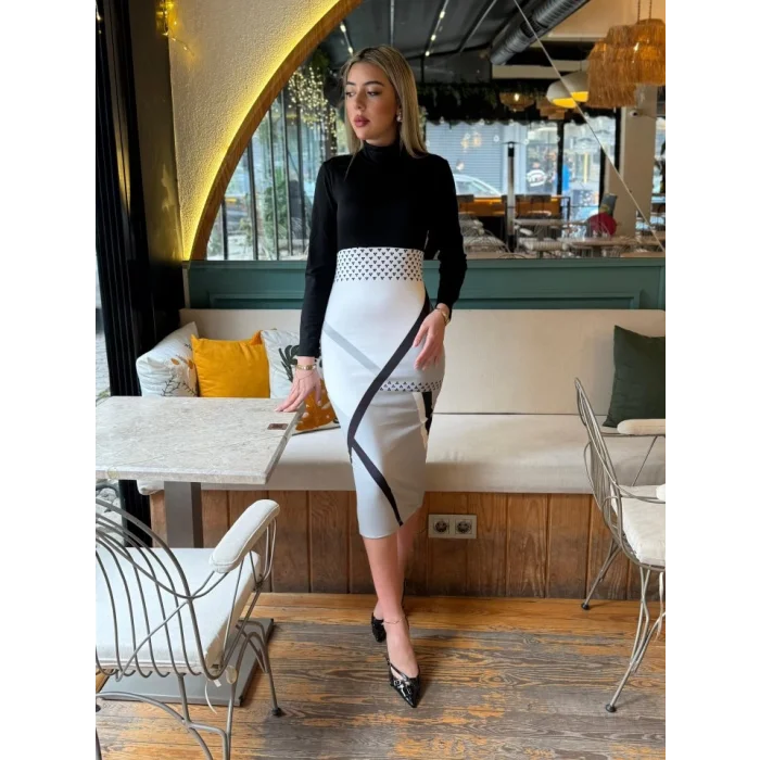 Kadın Uzun Kollu Balıkçı Yaka Dalgıç Midi Boy Elbise