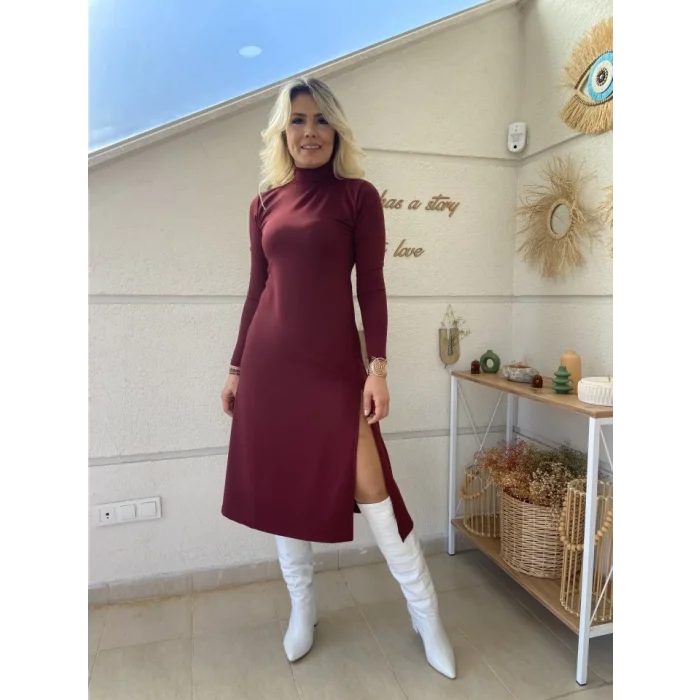 Kadın Uzun Kollu Balıkçı Yaka Derin Yırtmaç Detay Krep Elbise