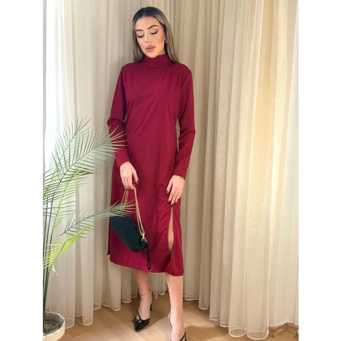 Kadın Uzun Kollu Balıkçı Yaka Derin Yırtmaç Detay Krep Elbise