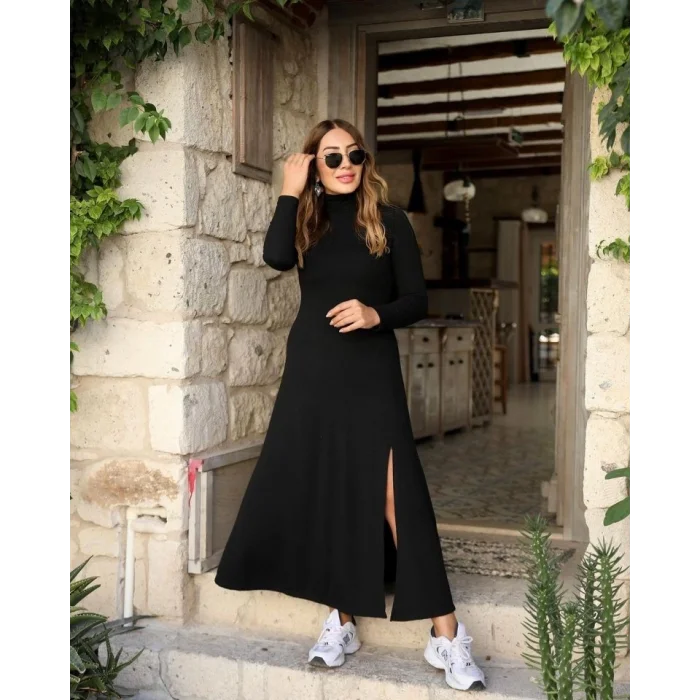 Kadın Uzun Kollu Balıkçı Yaka Derin Yırtmaç Detay Krep Elbise