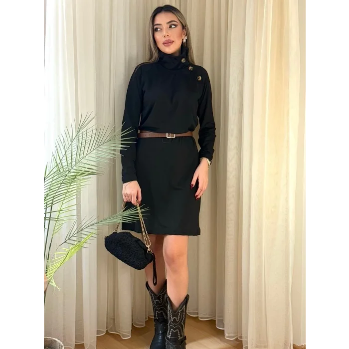 Kadın Uzun Kollu Balıkçı Yaka Düğme Detaylı Kısa şardonlu Dalgıç Elbise