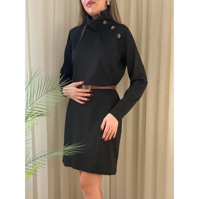 Kadın Uzun Kollu Balıkçı Yaka Düğme Detaylı Kısa şardonlu Dalgıç Elbise