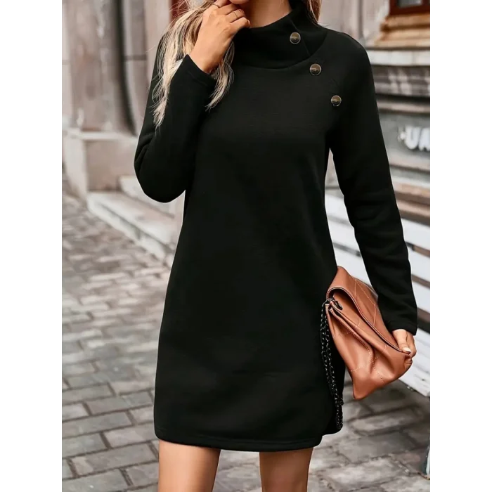 Kadın Uzun Kollu Balıkçı Yaka Düğme Detaylı Kısa şardonlu Dalgıç Elbise