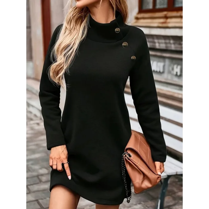 Kadın Uzun Kollu Balıkçı Yaka Düğme Detaylı Kısa şardonlu Dalgıç Elbise