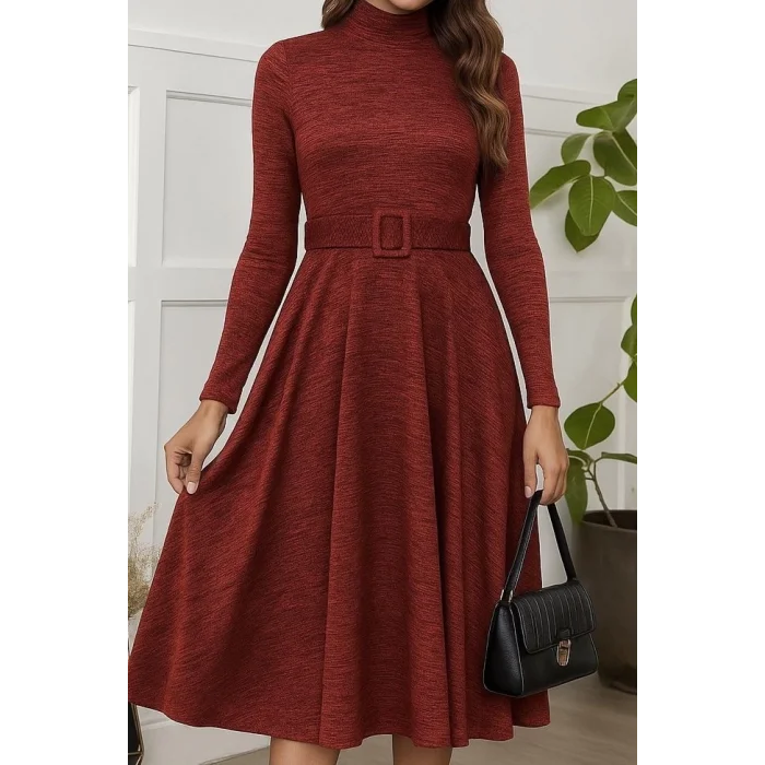 Kadın Uzun Kollu Balıkçı Yaka Kemer Detaylı Yumoş Midi Elbise