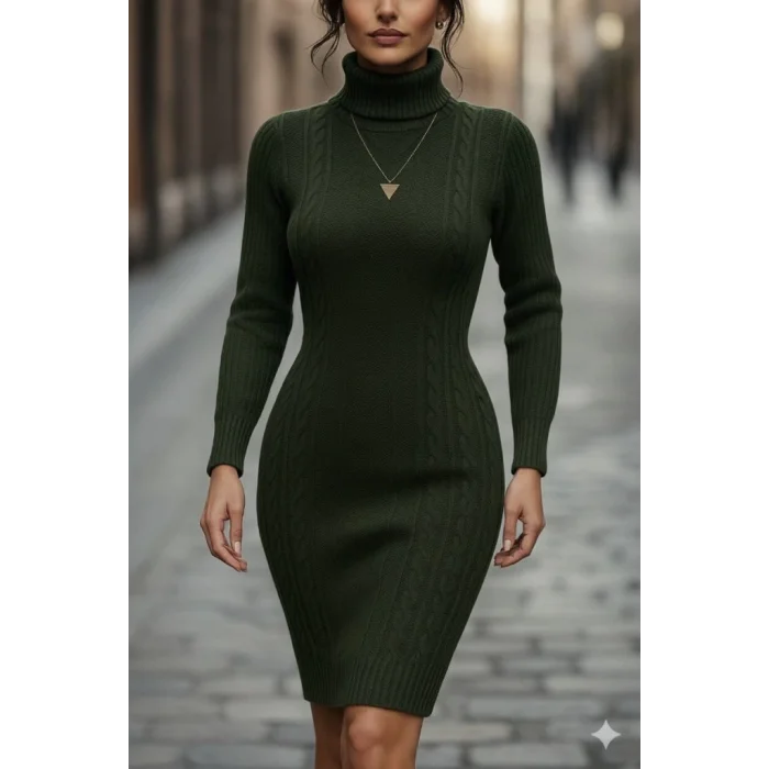 Kadın Uzun Kollu Balıkçı Yaka Kısa Triko Elbise