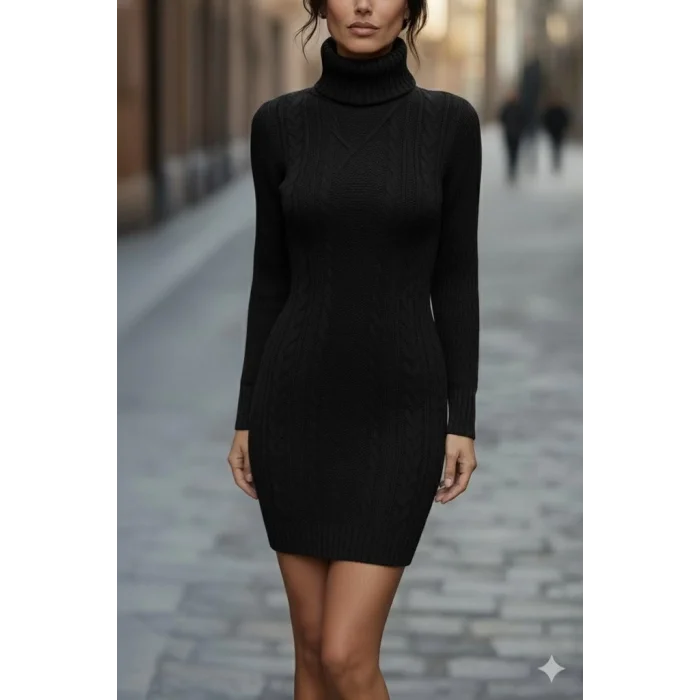 Kadın Uzun Kollu Balıkçı Yaka Kısa Triko Elbise