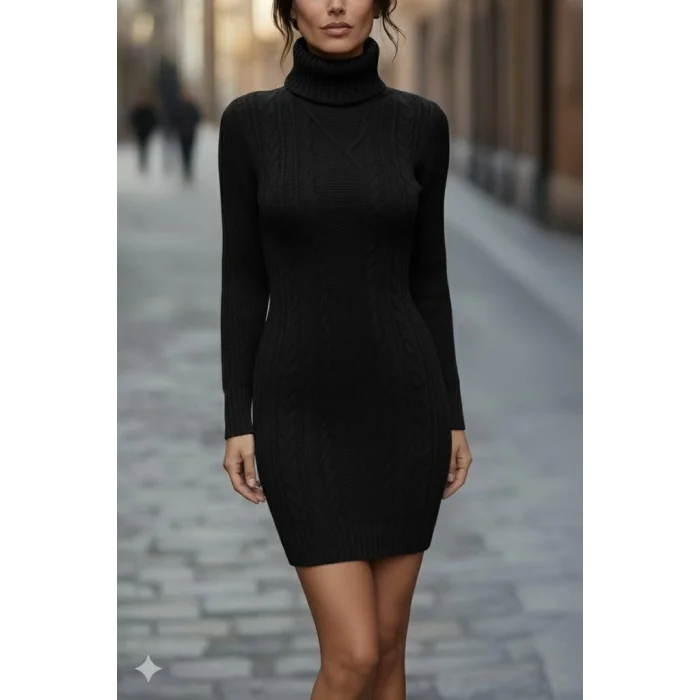 Kadın Uzun Kollu Balıkçı Yaka Kısa Triko Elbise