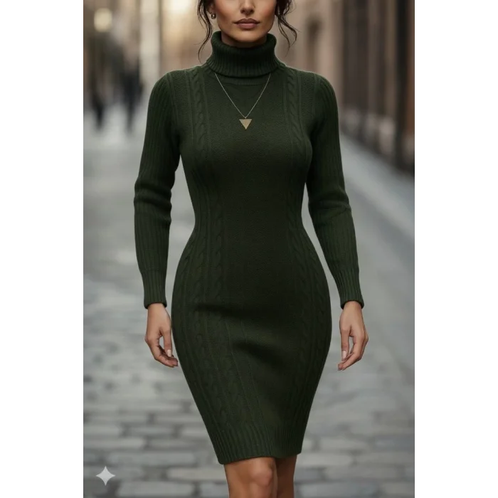 Kadın Uzun Kollu Balıkçı Yaka Kısa Triko Elbise