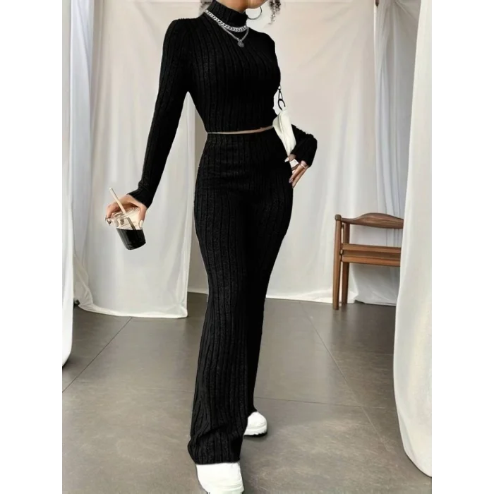 Kadın Uzun Kollu Balıkçı Yaka Krop Ve Pantolon şardonlu Kaşkorse Ikili Takım