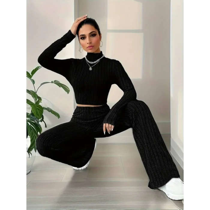 Kadın Uzun Kollu Balıkçı Yaka Krop Ve Pantolon şardonlu Kaşkorse Ikili Takım