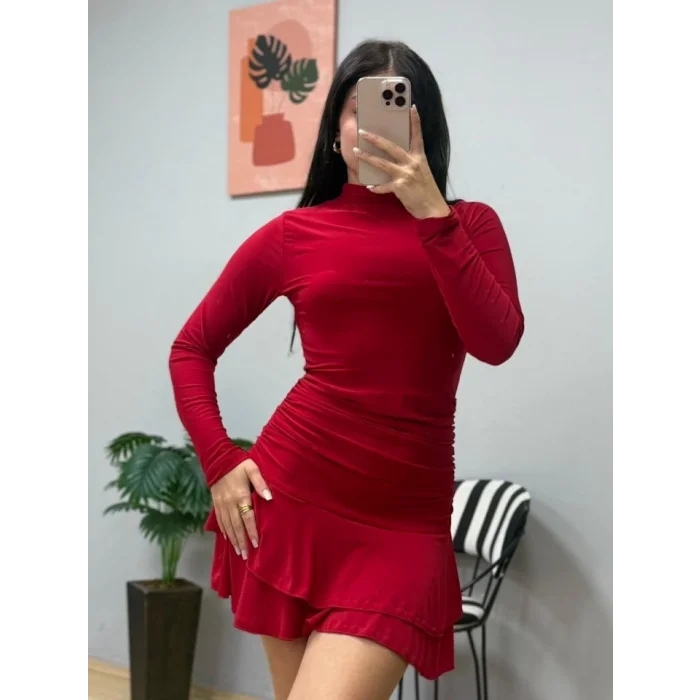 Kadın Uzun Kollu Balıkçı Yaka Mini Fırfırlı Sandy Elbise