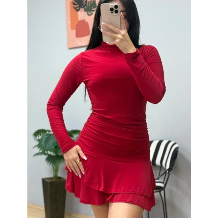 Kadın Uzun Kollu Balıkçı Yaka Mini Fırfırlı Sandy Elbise