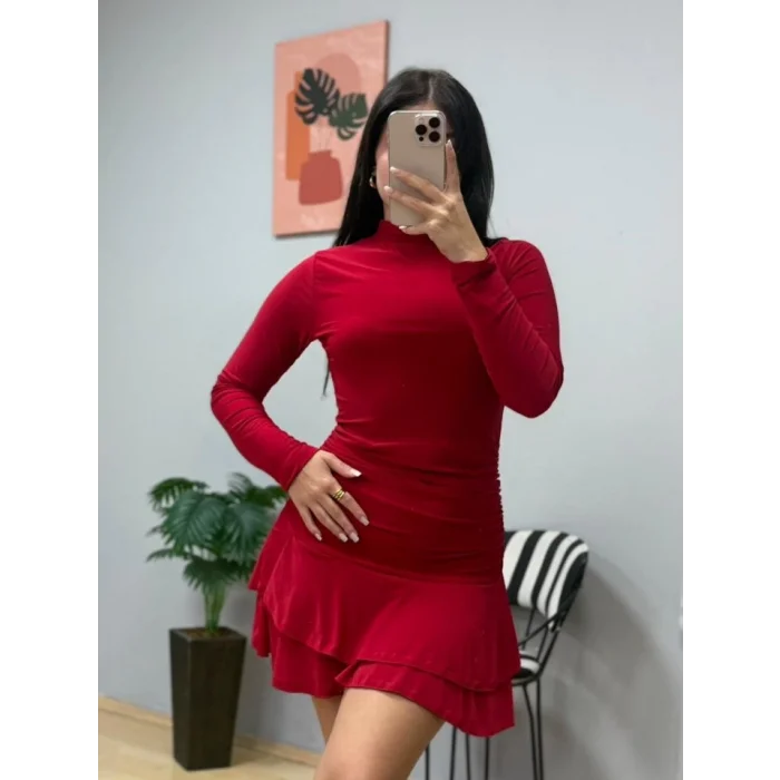 Kadın Uzun Kollu Balıkçı Yaka Mini Fırfırlı Sandy Elbise