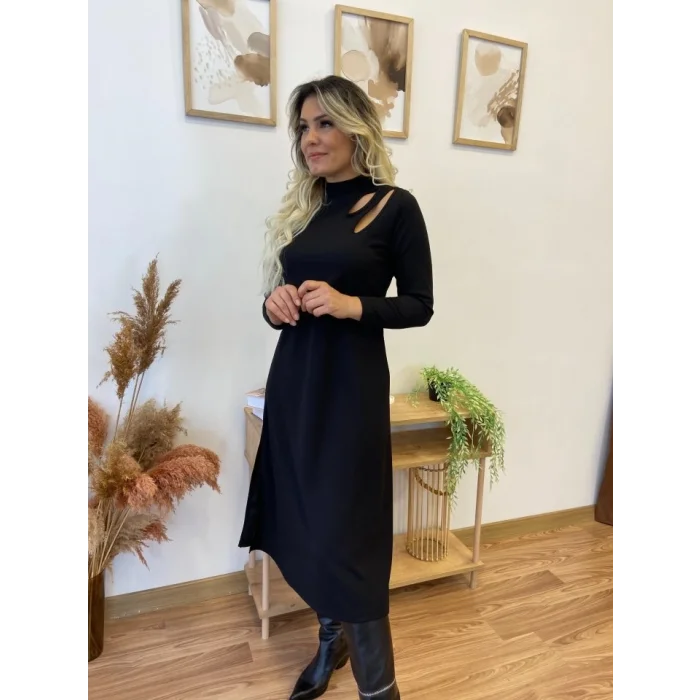 Kadın Uzun Kollu Balıkçı Yaka Omuzda Damla Detaylı Yırtmaçlı Krep Midi Elbise