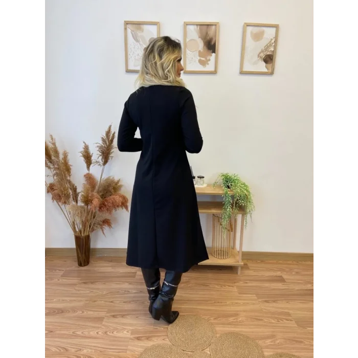 Kadın Uzun Kollu Balıkçı Yaka Omuzda Damla Detaylı Yırtmaçlı Krep Midi Elbise