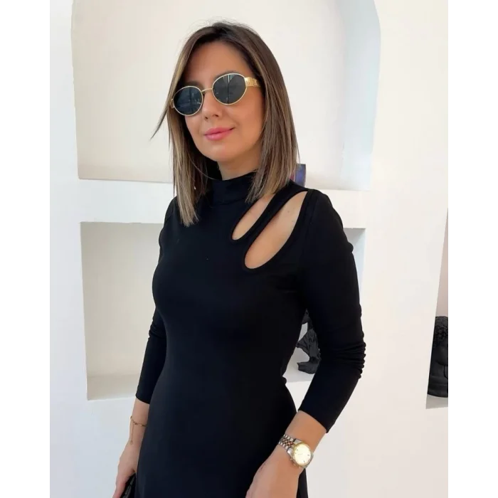 Kadın Uzun Kollu Balıkçı Yaka Omuzda Damla Detaylı Yırtmaçlı Krep Midi Elbise