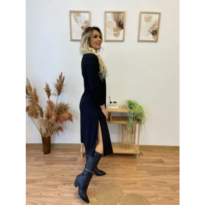 Kadın Uzun Kollu Balıkçı Yaka Omuzda Damla Detaylı Yırtmaçlı Krep Midi Elbise