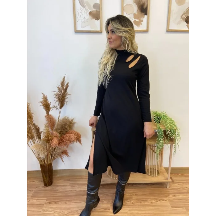 Kadın Uzun Kollu Balıkçı Yaka Omuzda Damla Detaylı Yırtmaçlı Krep Midi Elbise