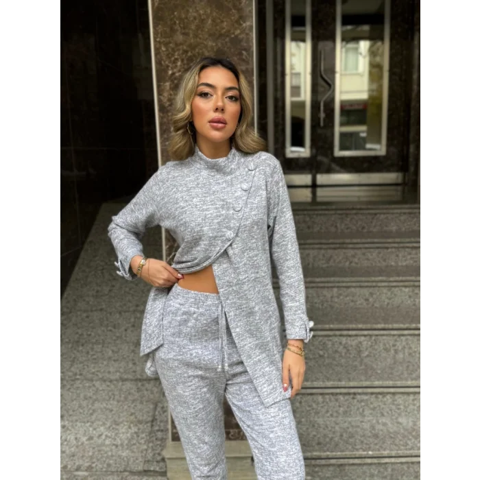 Kadın Uzun Kollu Balıkçı Yaka önden Düğmeli Bluz Ve Pantolon Yumoş Ikili Takım
