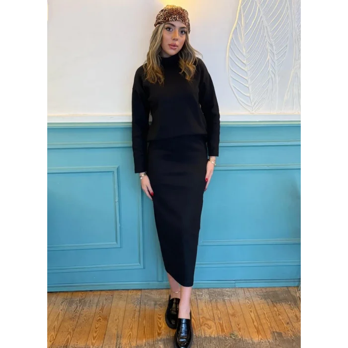 Kadın Uzun Kollu Balıkçı Yaka şardonlu Bluz Etek Takım