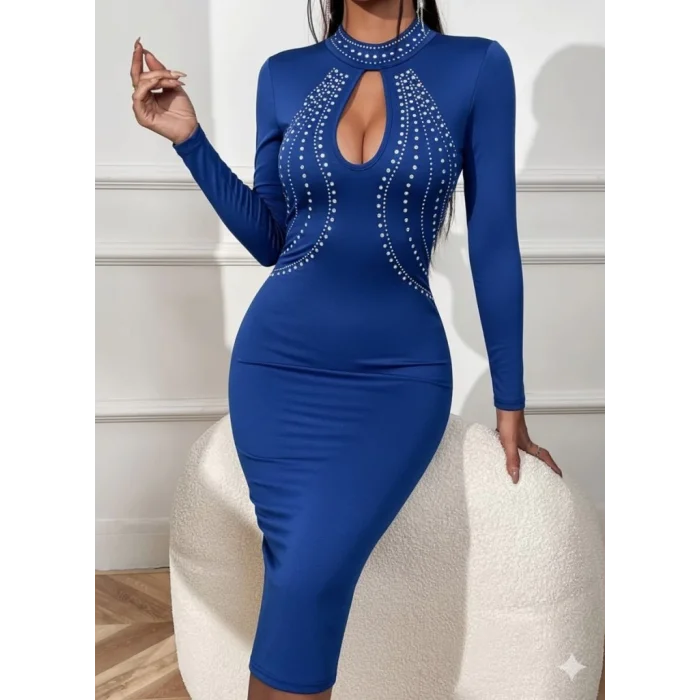 Kadın Uzun Kollu Balıkçı Yaka Taşlı Damla Detay Midi Ithal Krep Elbise