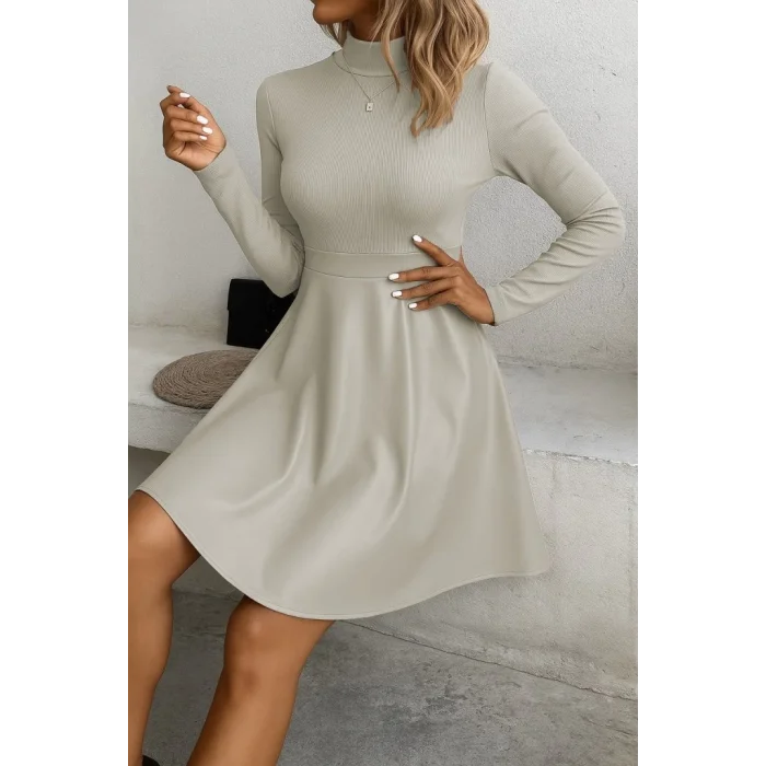 Kadın Uzun Kollu Balıkçı Yaka üst Kaşkorse Alt Deri Detaylı Mini Elbise