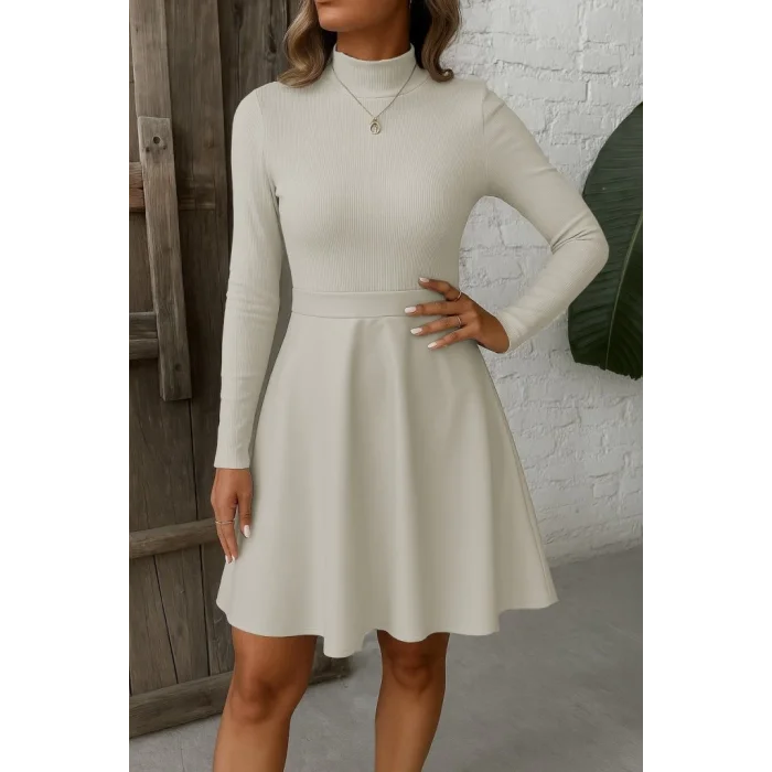 Kadın Uzun Kollu Balıkçı Yaka üst Kaşkorse Alt Deri Detaylı Mini Elbise