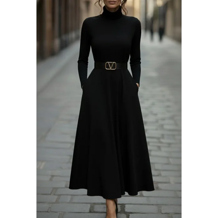 Kadın Uzun Kollu Balıkçı Yaka Uzun Akrilik Elbise