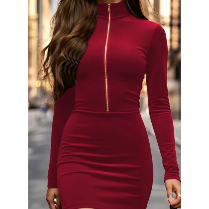 Kadın Uzun Kollu Balıkçı Yaka Yakadan Göğüse Kadar Fermuar Detaylı Mini Kadife Elbise